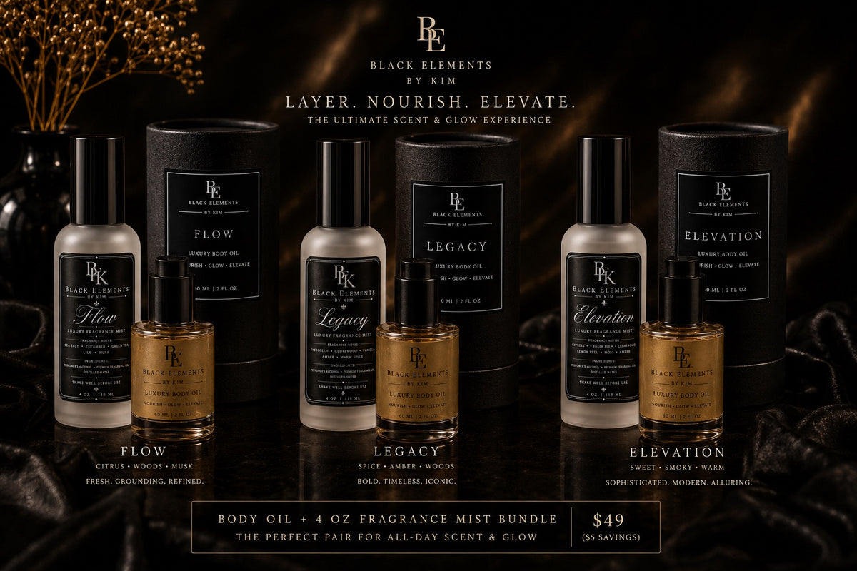 Black Elements by Kim Flow Legacy Elevation body oil and 4 oz fragrance mist bundle