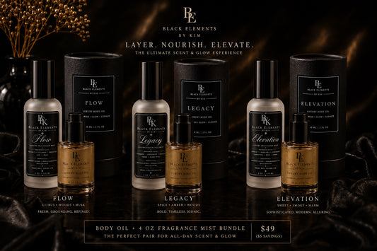 Black Elements by Kim Flow Legacy Elevation body oil and 4 oz fragrance mist bundle